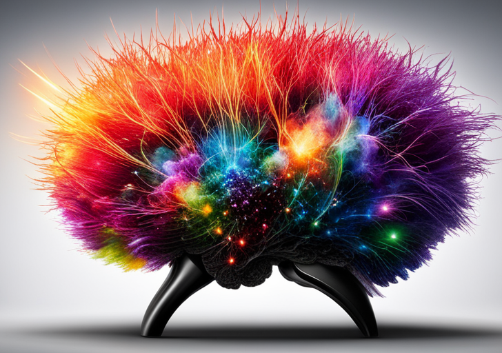 An image showing a brain transforming into a vibrant, exploding supernova, surrounded by tools of various arts like paintbrushes, musical notes, and a typewriter