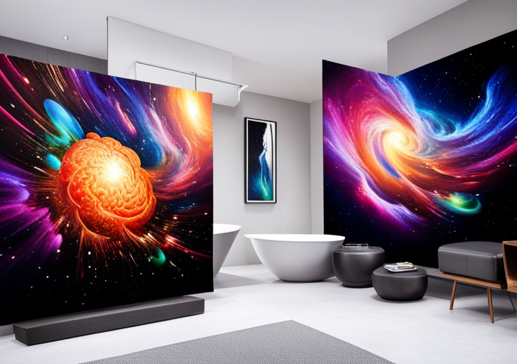 N open human brain transforming into a vibrant, swirling galaxy filled with colorful, abstract shapes, light bulbs, and gears floating amidst the stars