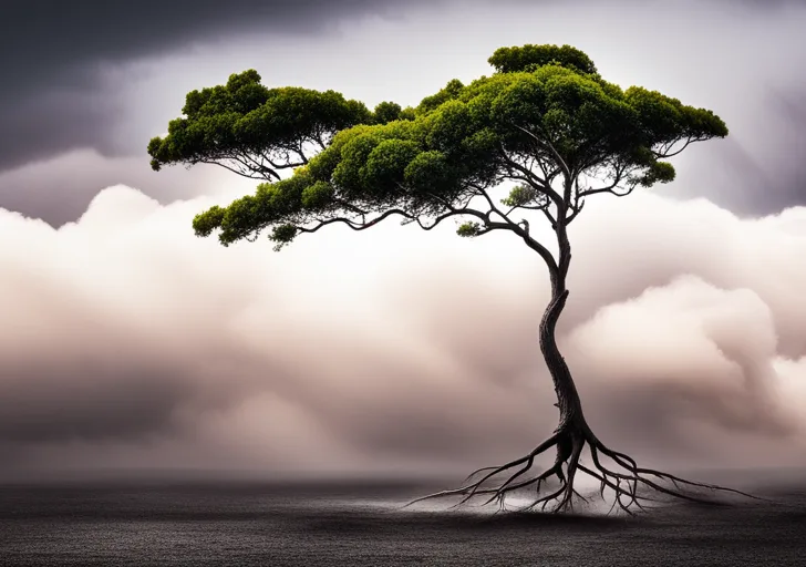 Ize a strong lone tree with deep roots, standing firm against a stormy background, symbolizing resilience amidst adversity