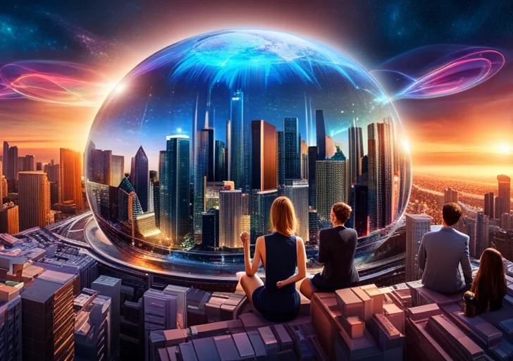  surrounded by diverse individuals engrossed in their devices, with holographic chat bubbles above them, emanating from a 3D model of a GPT (Generative Pretrained Transformer) chip