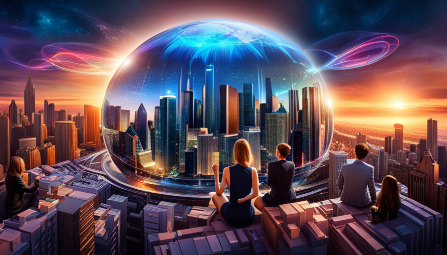 surrounded by diverse individuals engrossed in their devices, with holographic chat bubbles above them, emanating from a 3D model of a GPT (Generative Pretrained Transformer) chip