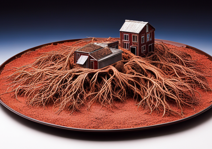 Barren earth with withered plants, an empty grocery store, and a cracked dinner plate, symbolizing the impact of soil absence on food production and human life