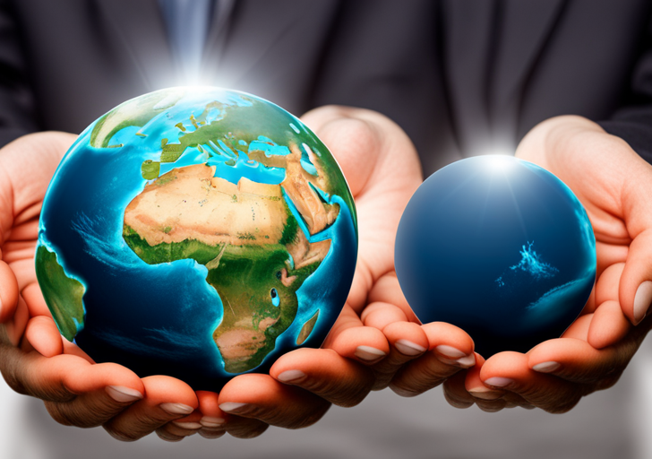  an image showing diverse hands holding a glowing Earth with one noticeable positive change, like a lush forest replacing industrial smokestacks, conveying the idea of world improvement