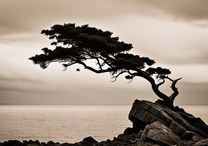 E showing a single, resilient tree on a rocky cliff, standing strong against a backdrop of a stormy sky, symbolizing the endurance and strength of perseverance