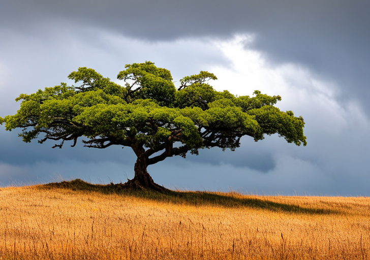 Tree with deep roots, standing tall amidst a stormy background, bending but not breaking, symbolizing resilience as a value