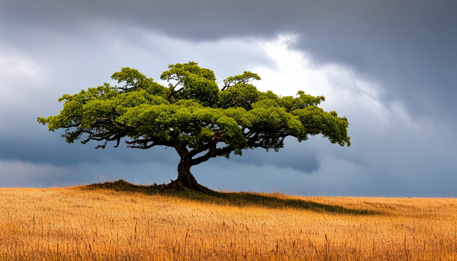 Tree with deep roots, standing tall amidst a stormy background, bending but not breaking, symbolizing resilience as a value