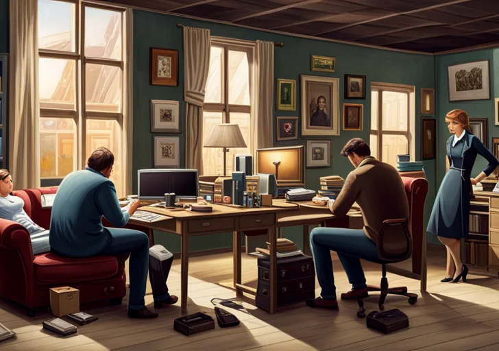 Ate a scene with two people, one lazily lounging on a sofa with a TV remote, the other industriously working at a desk with various professional tools