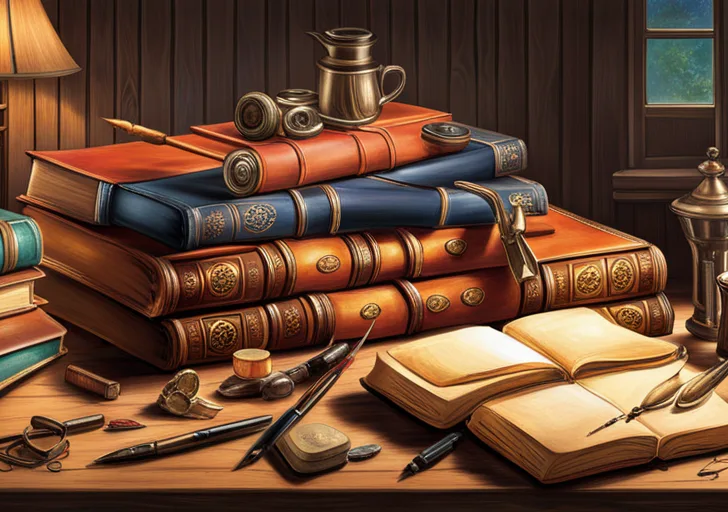 An image featuring a rustic desk, a stack of leather-bound journals, a quill in an inkpot, and a warm, soft light illuminating colorful doodles, sketches, and bookmarks peeking from the journals