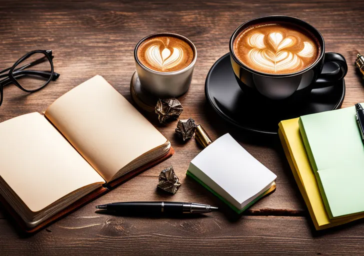  leather-bound journal with various doodles, sketches and colorful sticky notes peeping out, a fountain pen, a coffee cup and a pile of crumpled papers on a rustic wooden table