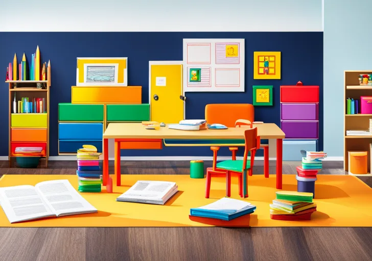  an image featuring a brightly colored kindergarten classroom, with scattered pencils, erasers, and a visible PDF icon, all symbolizing writing prompts