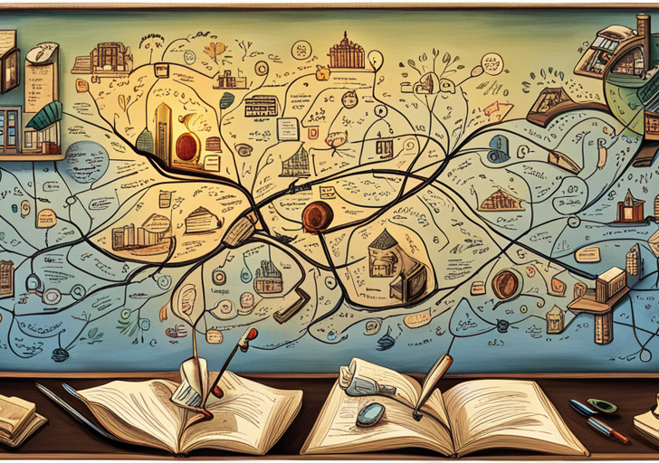  an image featuring a hand-drawn mind map with different connected nodes, symbolizing parts of a narrative essay such as introduction, body paragraphs, and conclusion