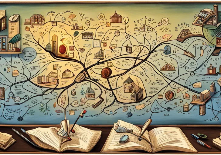  an image featuring a hand-drawn mind map with different connected nodes, symbolizing parts of a narrative essay such as introduction, body paragraphs, and conclusion