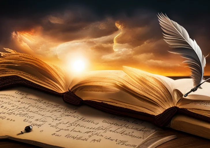  pen, poised above an aged, open parchment book, with a thought bubble filled with miniature scenes of various genres (fantasy, mystery, romance) floating above it