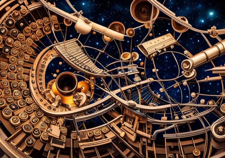 Que typewriter floating in ethereal cosmic space, with planets, stars, and galaxies spilling from its keys, signifying the limitless knowledge and perspective of an omniscient narrator
