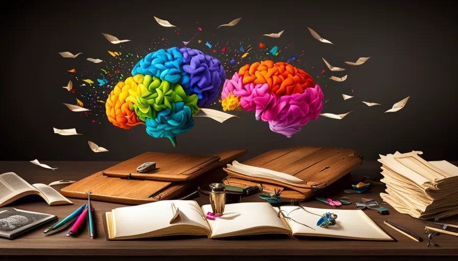 Exploding With Vibrant Colors, A Hand Clutching A Quill Pen, And Scattered Blank Papers Transforming Into Butterflies, All On A Backdrop Of An Antique, Wooden Writing Desk