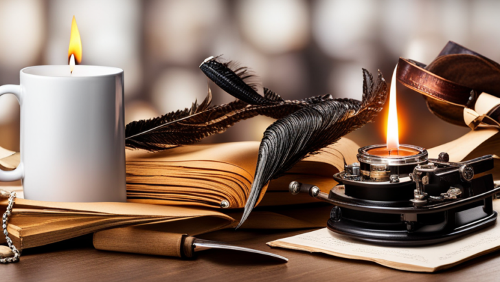 Hand holding a feathered quill, poised above a parchment scroll, with a candle illuminating the scene, and various inspirational objects like a vintage typewriter, coffee mug, and old books scattered around