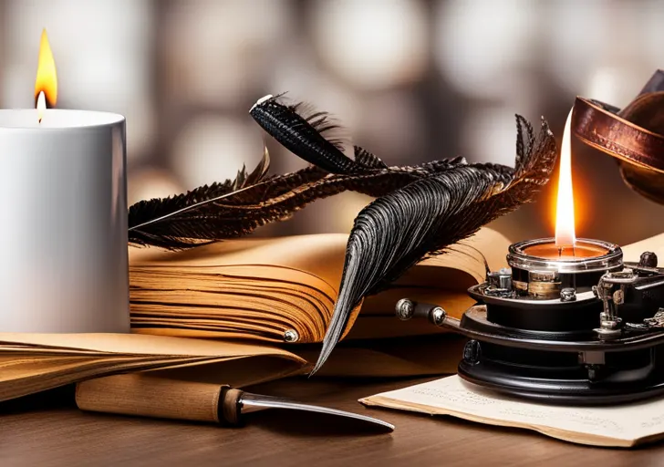 Hand holding a feathered quill, poised above a parchment scroll, with a candle illuminating the scene, and various inspirational objects like a vintage typewriter, coffee mug, and old books scattered around