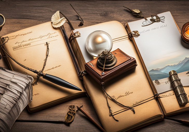N vintage notebook with a whimsical quill pen, surrounded by faded photographs, an antique hourglass, and a softly glowing lantern on a rustic wooden table