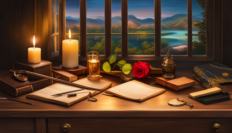 Que desk with a quill pen, a rustic parchment, a blooming rose, a candle's soft glow, a locket, and a gentle stream flowing through a serene forest in the background