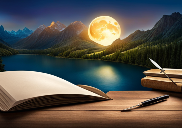 An image featuring an open, weathered book, a quill pen, soft candlelight flickering on aged pages, with a serene, moonlit lake and silhouetted forest in the backdrop