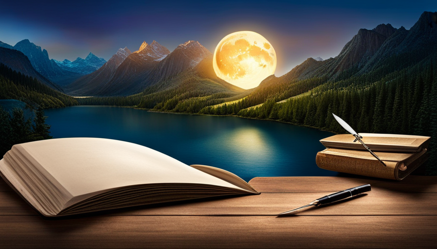 An image featuring an open, weathered book, a quill pen, soft candlelight flickering on aged pages, with a serene, moonlit lake and silhouetted forest in the backdrop