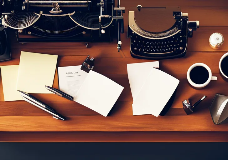 Rhead view of a desk with scattered pens, a vintage typewriter, a stack of blank paper, and a cup of steaming coffee, all bathed in soft morning light