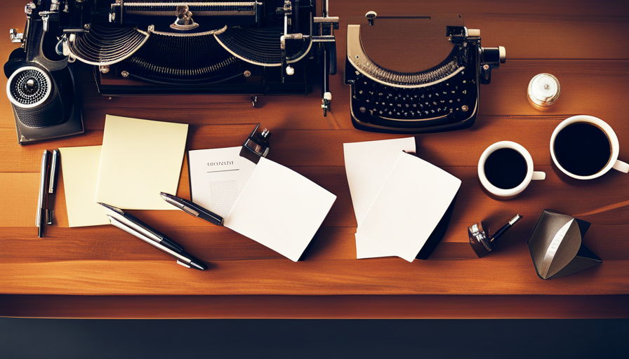 Rhead view of a desk with scattered pens, a vintage typewriter, a stack of blank paper, and a cup of steaming coffee, all bathed in soft morning light