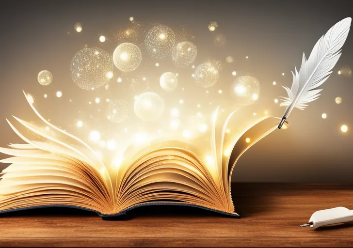 , antique book with a quill pen poised above its blank pages, surrounded by a soft glow and whimsical elements like floating bubbles and star dust