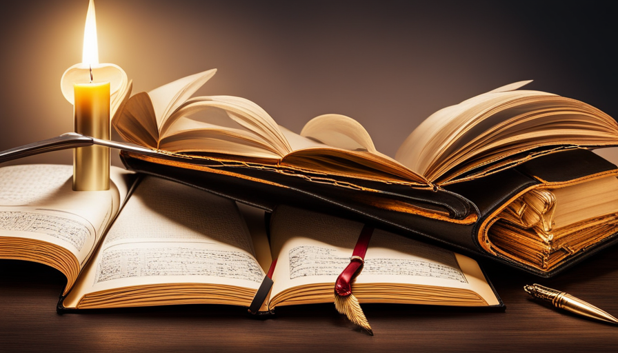 notebook with a gold-tipped quill, poised above the page