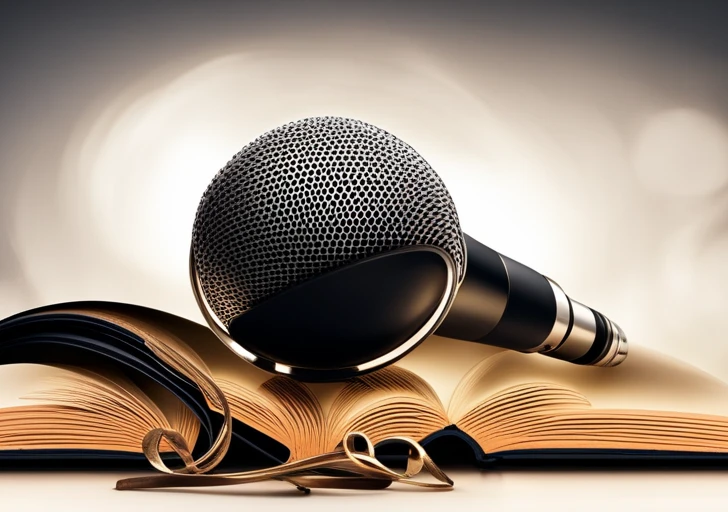 Ge microphone on an open book, pages fluttering, with a balancing scale in the background, all under a spotlight, symbolizing the reliability of narration