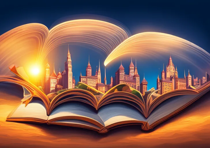 Ate a glowing, open book with various symbols like a spaceship, magnifying glass, castle, love heart, and a cowboy hat floating out, representing diverse short story ideas