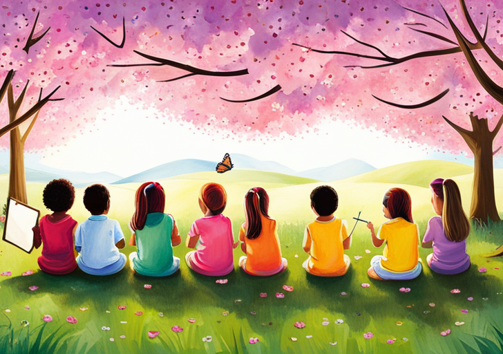 Ate a colorful scene with kindergartners sitting under blooming cherry blossom trees, each holding a large pencil, and a butterfly fluttering around a blank paper in front of them