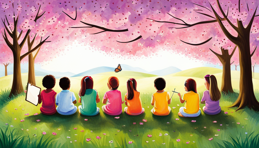 Ate a colorful scene with kindergartners sitting under blooming cherry blossom trees, each holding a large pencil, and a butterfly fluttering around a blank paper in front of them