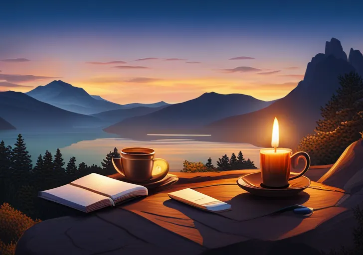 An image featuring a tranquil scene with a hand holding a pen, poised above a blank notebook, surrounded by calming elements like a lit candle, a cup of tea, and a peaceful outdoor setting