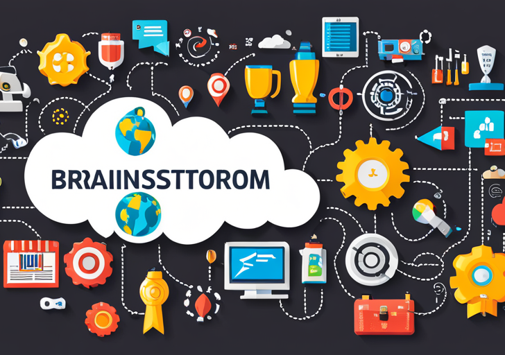 Storm cloud featuring various icons symbolizing different topics - travel suitcase, cooking utensils, a globe, a book, a microscope, a paintbrush, a music note, and a film reel