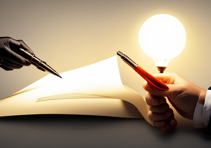 Holding a glowing pen, poised above a blank parchment under a dimly lit lamp, with various symbols like question mark, exclamation, and ellipsis floating in the air around it