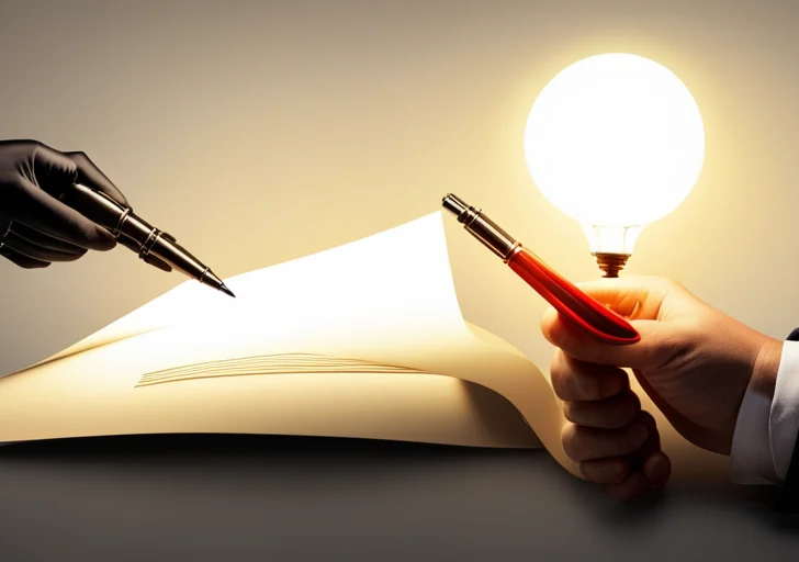 Holding a glowing pen, poised above a blank parchment under a dimly lit lamp, with various symbols like question mark, exclamation, and ellipsis floating in the air around it