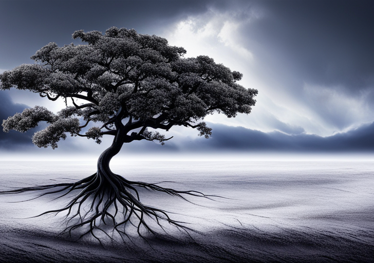 An image of a tree with deep roots weathering a storm, symbolizing resilience
