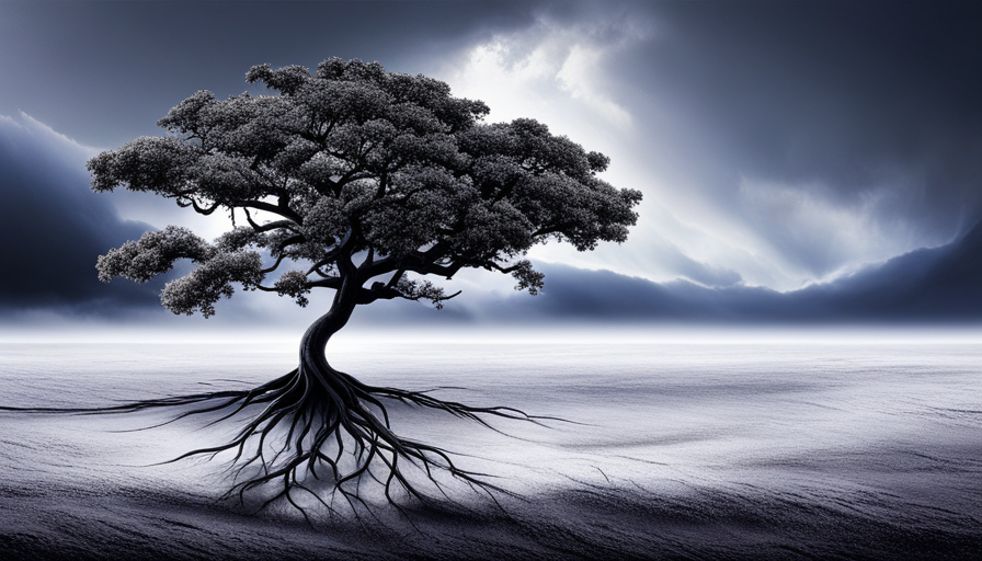 An image of a tree with deep roots weathering a storm, symbolizing resilience
