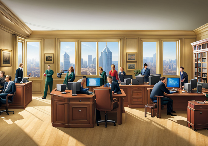 Ge showcasing a diverse group of employees demonstrating punctuality, integrity, teamwork, respect, and dedication in a vibrant, well-organized office environment
