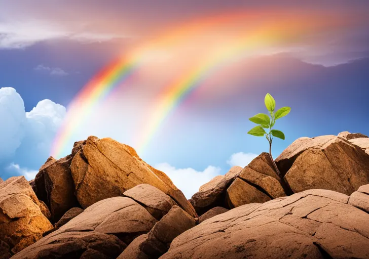 An image depicting a small sapling growing from a crack in a large, rocky cliff, weathering a storm, with a rainbow in the distant background