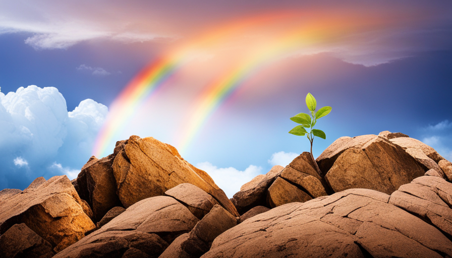 An image depicting a small sapling growing from a crack in a large, rocky cliff, weathering a storm, with a rainbow in the distant background