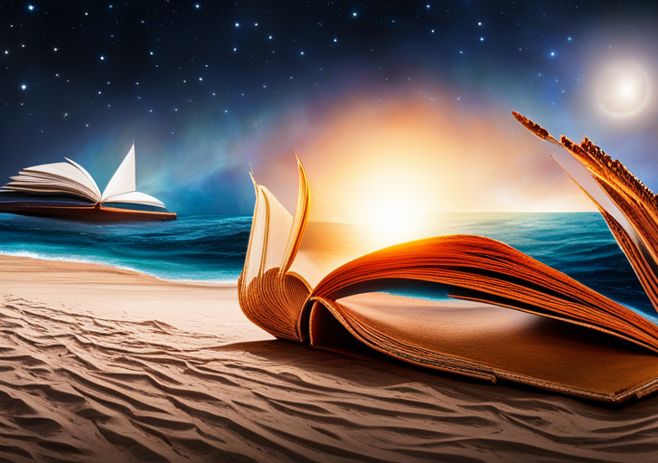Ate a hand holding an open, antique book with a quill pen, against a backdrop of a starry sky
