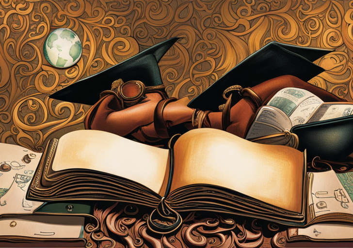 Ividual sitting under a tree, penning in a leather-bound journal, with thought bubbles showing childhood memories, a graduation cap, a wedding ring, and a world map