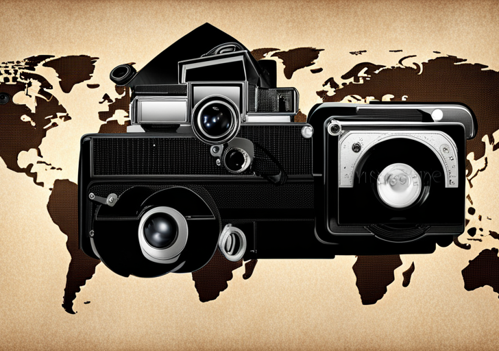 Ge camera on a world map, spotlighting various global landmarks, with film strips rolling out illustrating diverse human experiences and social issues