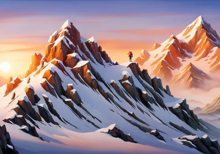  mountain climber halfway up a rugged, steep mountain, battling harsh winds and snow, showcasing determination and resilience in the face of adversity