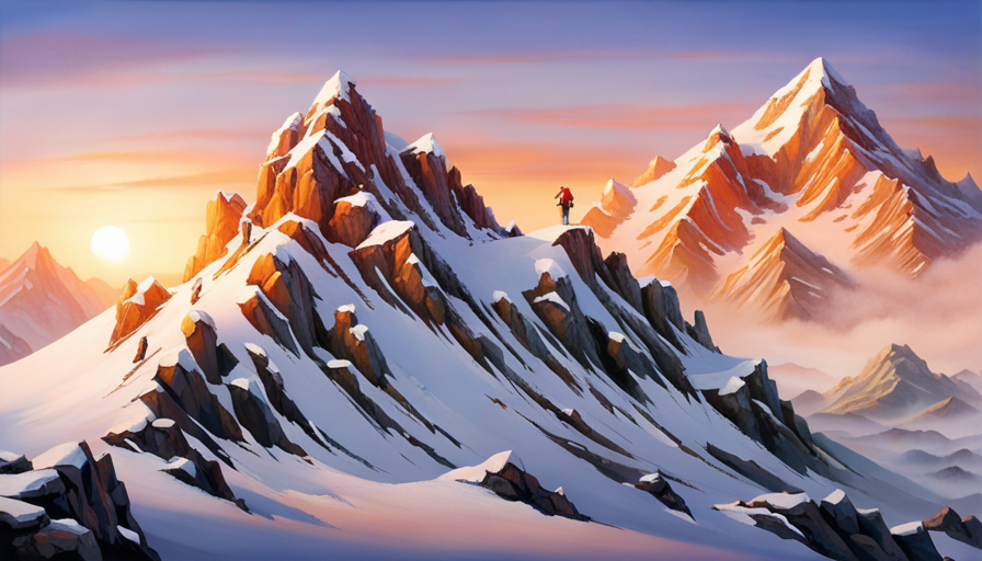 mountain climber halfway up a rugged, steep mountain, battling harsh winds and snow, showcasing determination and resilience in the face of adversity
