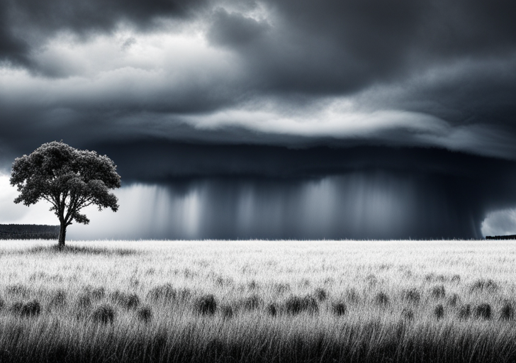  an image of a lone tree standing tall amidst a harsh storm, symbolizing emotional resilience, with sunrays piercing the dark clouds in the background