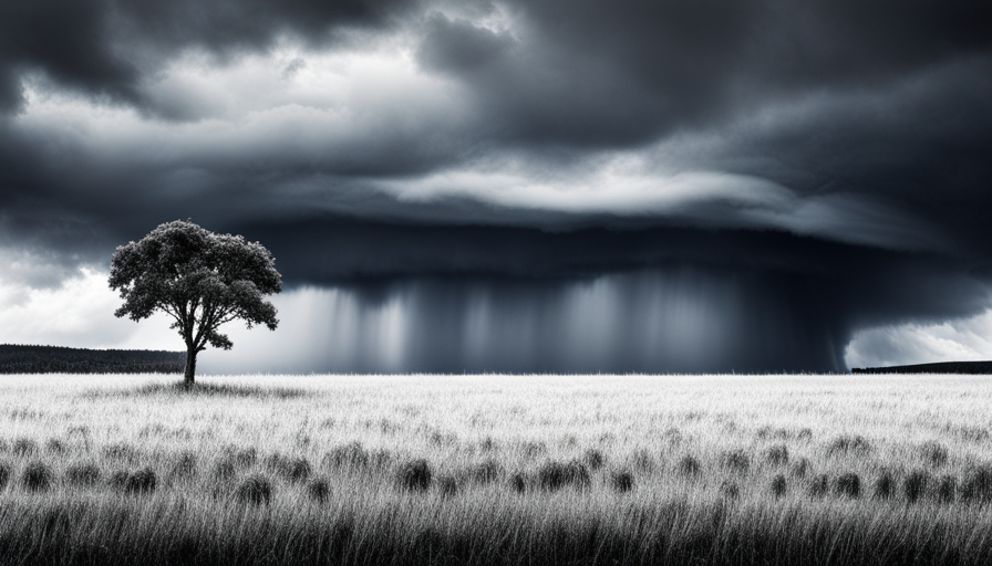 an image of a lone tree standing tall amidst a harsh storm, symbolizing emotional resilience, with sunrays piercing the dark clouds in the background
