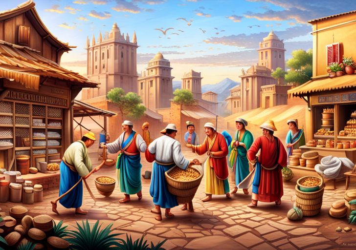 An image showcasing a bustling ancient marketplace, with villagers trading goods like grains, livestock, and handmade crafts, symbolizing barter system, self-sufficiency and community cooperation